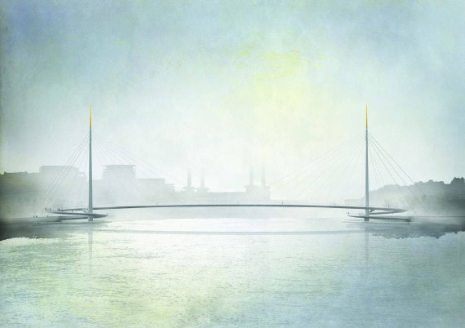 An image of a bridge over water, with a city in the background, seen through mist.